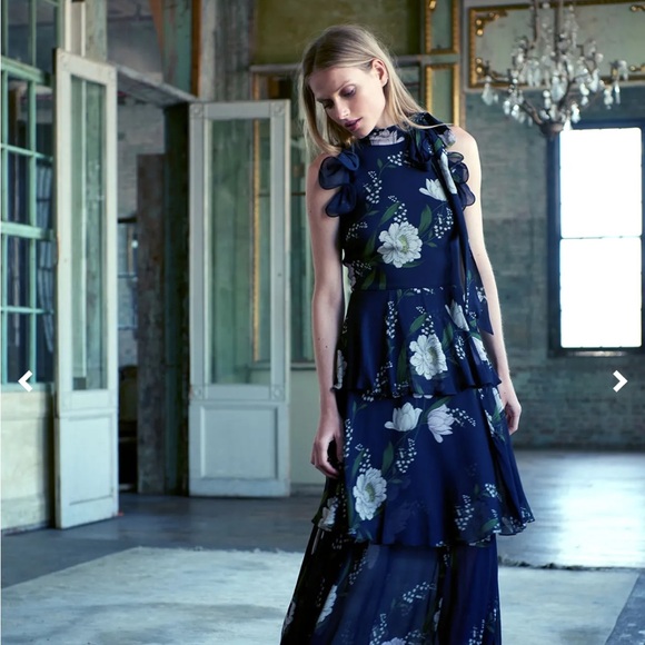 Monique Lhuillier Midnight Blue Floral Maxi Dress
